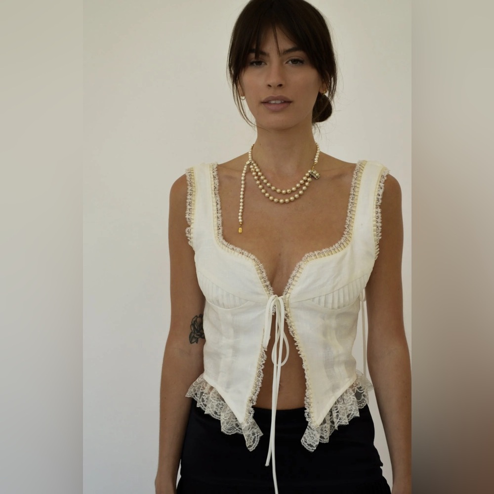 New Fait Par Foutch Renee Lace trim Tie Closer Top Off White Size S